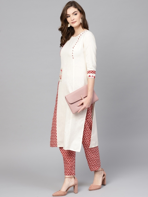 

Yufta Women Off-White & Red Printed Kurta with Trousers