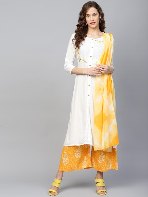 

Yufta Women White & Yellow Embroidered Kurta with Palazzos & Dupatta