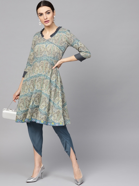 

Yufta Women Beige & Blue Printed Kurta with Dhoti Pants