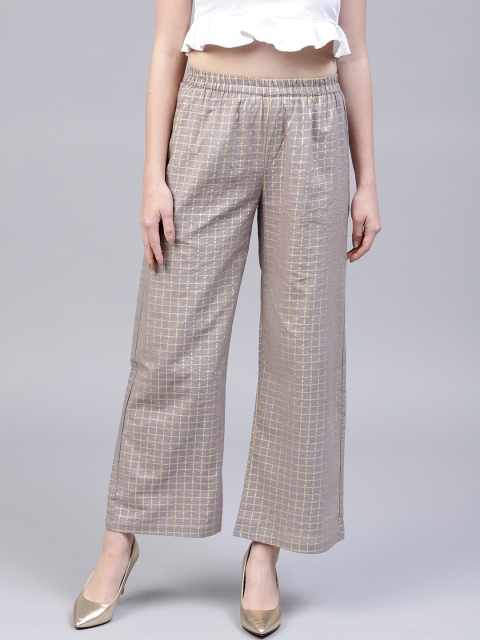 

AKS Women Grey & Golden Checked Straight Palazzos