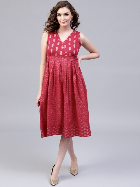 

AKS Women Pink & Golden Printed Empire Dress