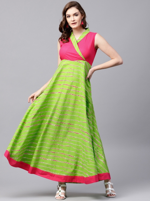 

AKS Women Green & Pink Striped Maxi Dress
