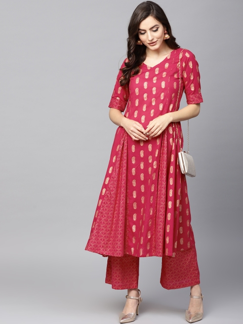

AKS Women Magenta & Golden Printed A-Line Kurta