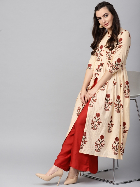 

AKS Women Cream-Coloured & Maroon Floral Print A-Line Kurta