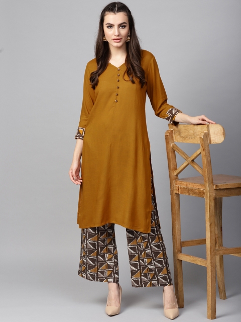 

AKS Women Mustard Brown & Taupe Solid Kurta with Palazzos