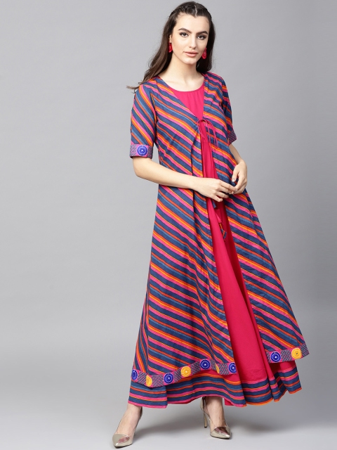 

AKS Women Blue & Magenta Leheriya Print Layered Anarkali Kurta