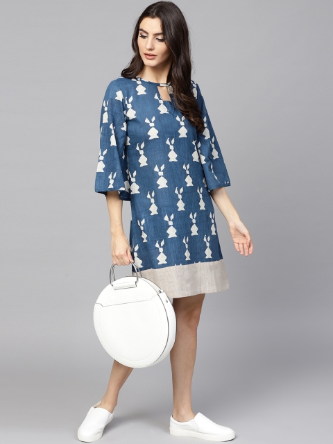 

AKS Women Blue Printed A-Line Dress