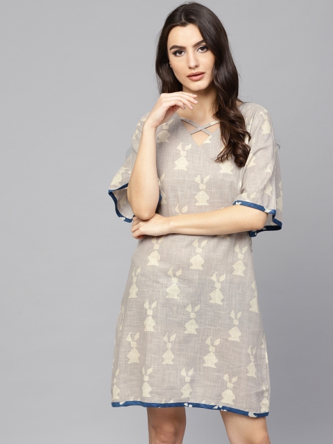 

AKS Women Grey & Beige Printed A-Line Dress
