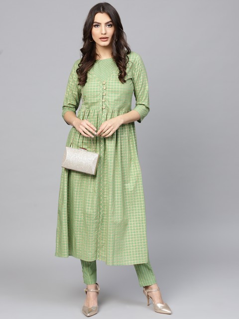 

AKS Women Green & Golded Checked High-Slit Kurta with Trousers