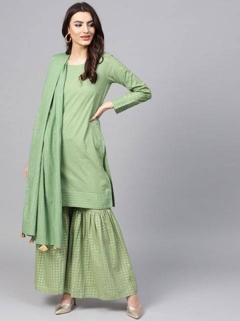 

AKS Women Green & Golden Printed Kurta with Sharara & Dupatta