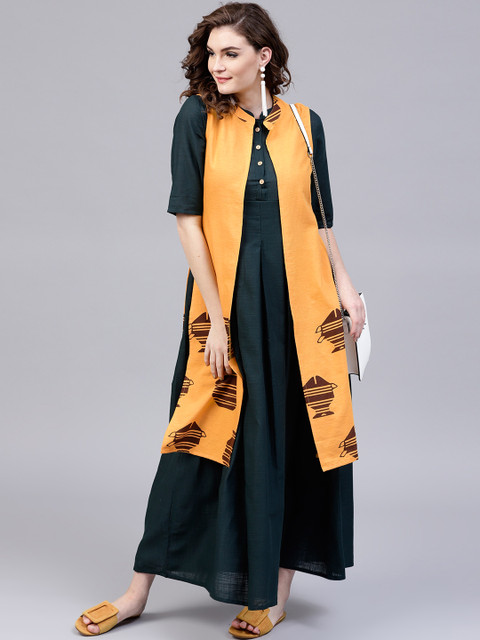 

AKS Women Yellow & Brown Printed Longline Open Front Ethnic Jacket