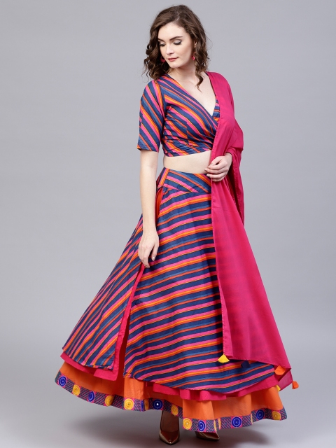 

AKS Navy Blue & Magenta Striped Ready to Wear Lehenga & Blouse with Dupatta