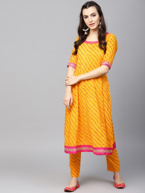 

AKS Women Yellow & Magenta Leheriya Print A-Line Kurta