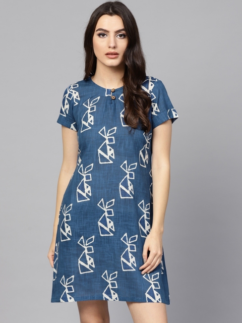 

AKS Women Blue Printed A-Line Dress