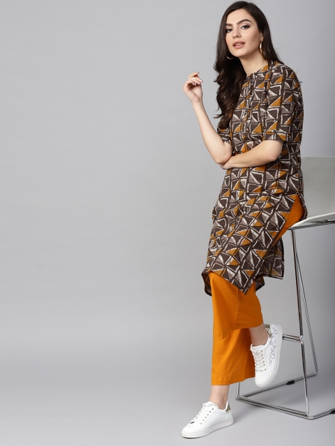 

AKS Women Brown & Mustard Yellow Printed Straight Kurta