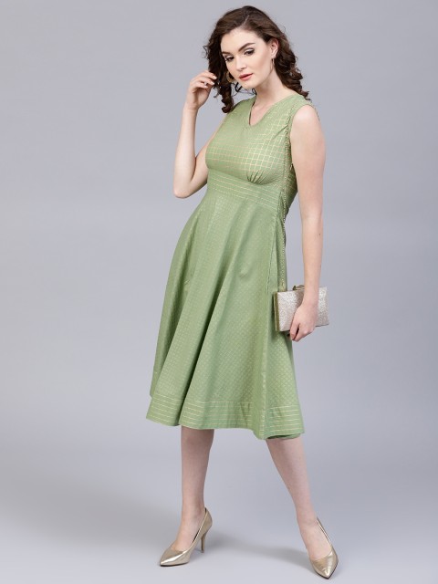 

AKS Women Green & Golden Checked Empire Dress