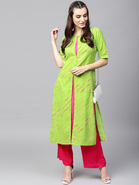 

AKS Women Green & Pink Striped Layered Straight Kurta