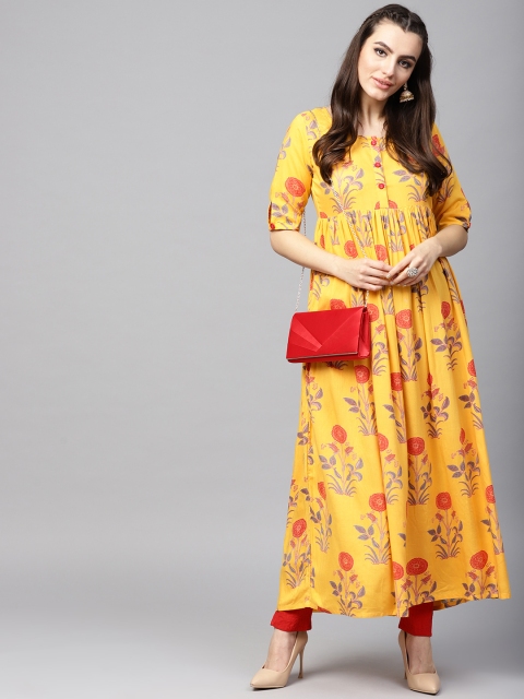 

AKS Women Mustard Yellow & Rust Orange Printed A-Line Kurta