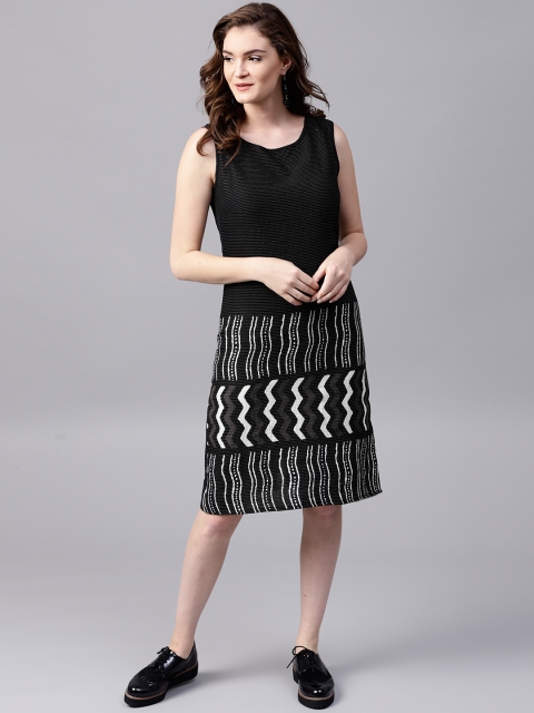 

AKS Women Black & White Printed Kantha Work A-Line Dress