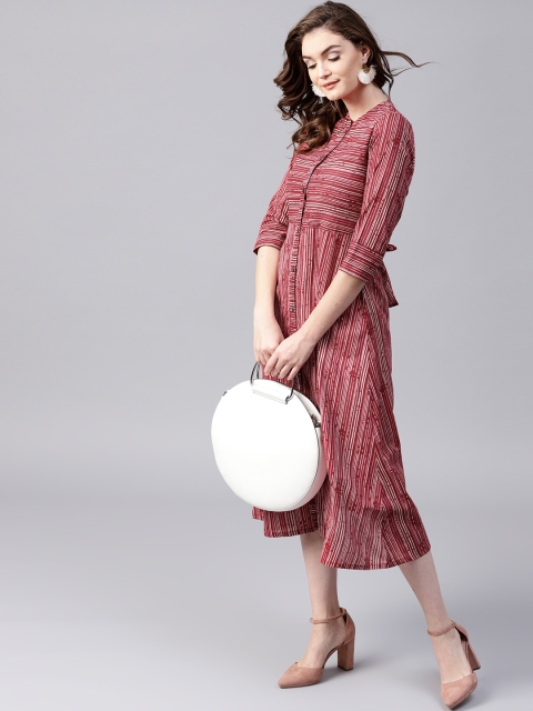 

AKS Women Maroon & Beige Striped Shirt Dress