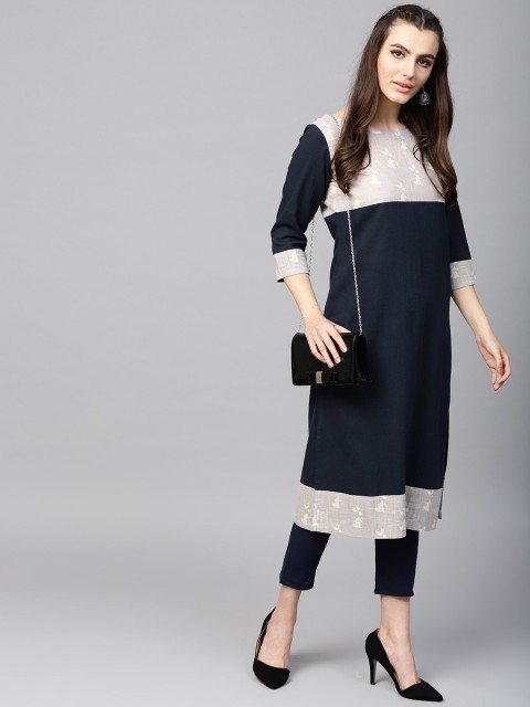 

AKS Women Navy Blue & Grey Screen Print Detail Straight Kurta