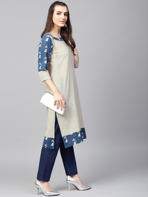 

AKS Women Beige & Blue Solid Straight Kurta