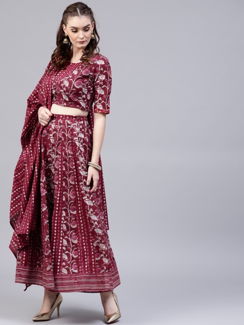 

AKS Maroon & Beige Printed Ready to Wear Lehenga & Blouse with Dupatta