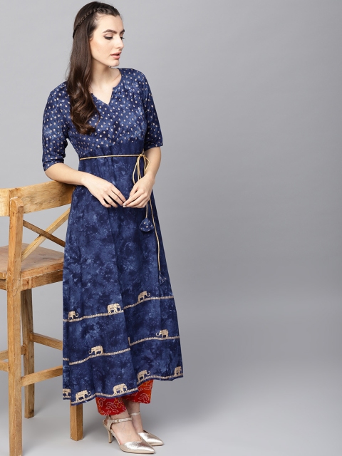

AKS Women Navy Blue & Golden Khari Print A-Line Kurta