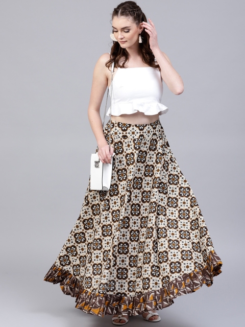 

Shree Women Beige & Brown Printed Maxi Flared Skirt