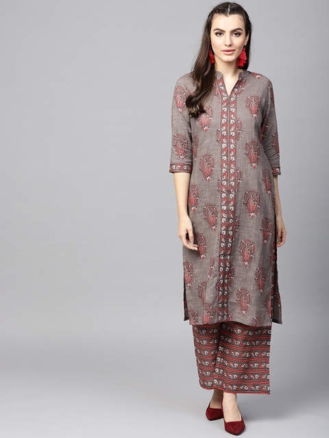 

AKS Women Taupe & Coral Pink Printed Kurta with Palazzos