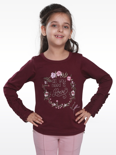 

CUTECUMBER Girls Maroon Printed Pure Cotton Top