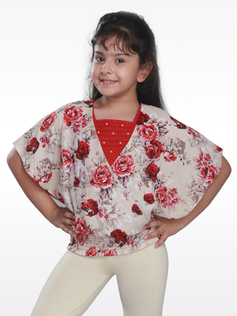 

CUTECUMBER Girls Beige & Red Printed Blouson Top