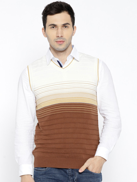 

Monte Carlo Men Off-White & Brown Striped Sweater Vest