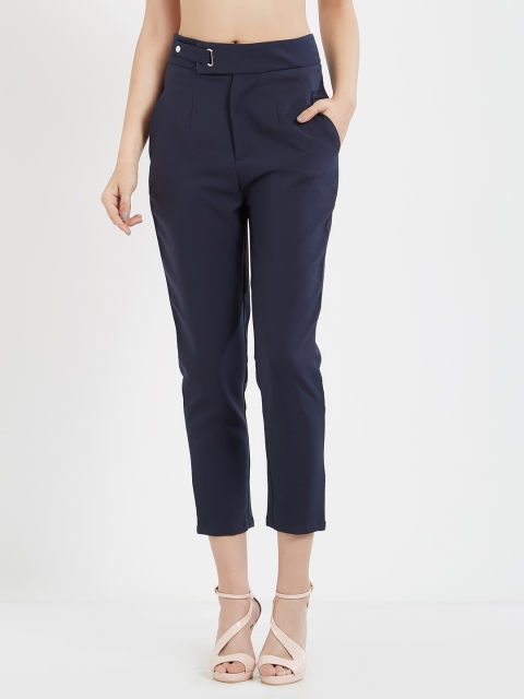 

Soie Women Navy Blue Regular Fit Solid Cigarette Trousers