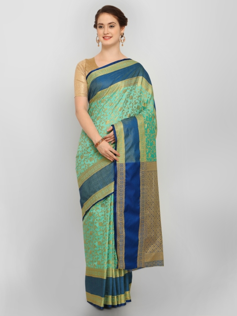 

Stylee LIFESTYLE Turquoise Blue & Navy Blue Silk Blend Woven Design Banarasi Saree