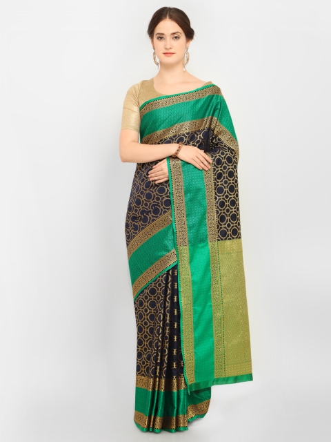 

Stylee LIFESTYLE Navy Blue & Green Silk Blend Woven Design Banarasi Saree