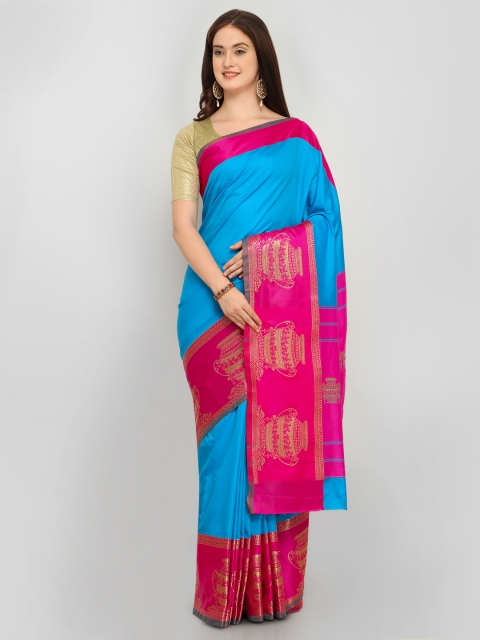 

Stylee LIFESTYLE Blue & Pink Art Silk Solid Banarasi Saree