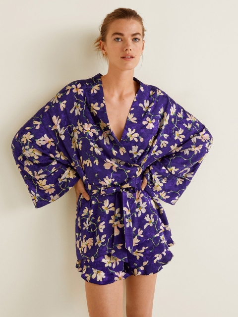 

MANGO Women Purple & Pink Printed Kimono Jacket