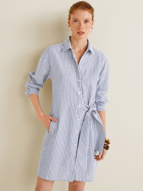 

MANGO Women Blue & White Striped Shirt Dress