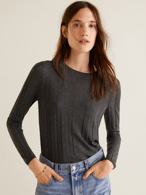 

MANGO Women Charcoal Grey Self-Striped Pullover