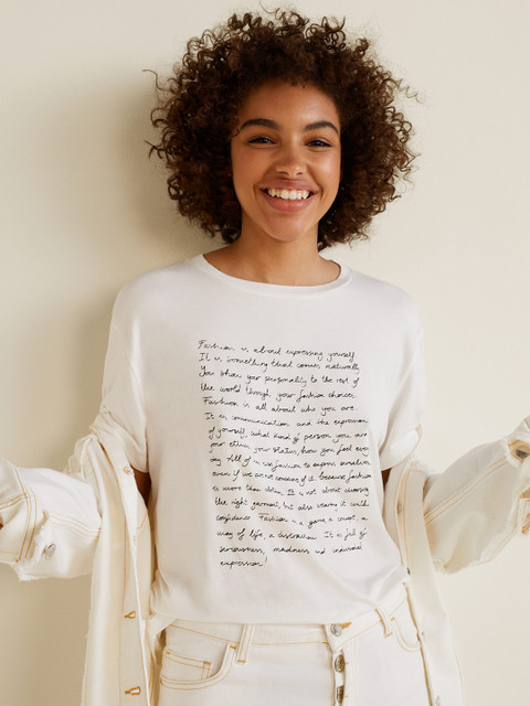 

MANGO Women White Printed Round Neck T-shirt