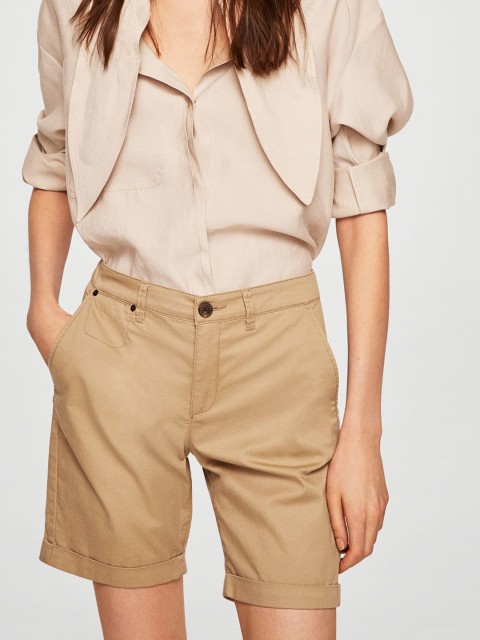 

MANGO Women Beige Solid Chino Shorts