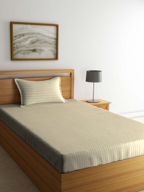 

Trident Beige Striped Flat 210 TC Cotton 1 Single Bedsheet with 1 Pillow Cover