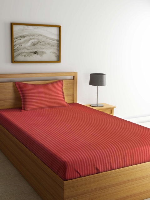 

Trident Red Striped Flat 210 TC Cotton Single Bedsheet with 1 Pillow Cover