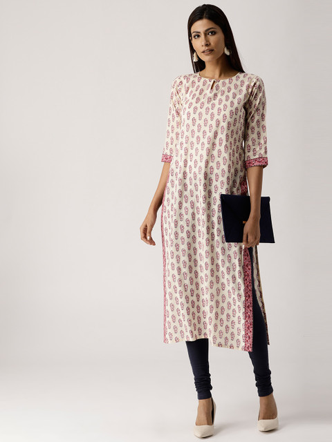 

Libas Women Off-White & Pink Printed Straight Kurta
