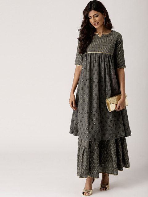 

Libas Women Grey & Golden Printed Kurta with Skirt