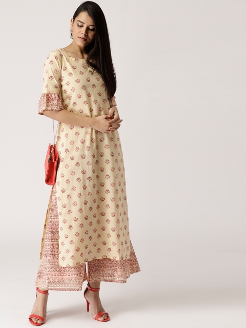 

Libas Women Beige & Rust Red Printed Kurta with Palazzos