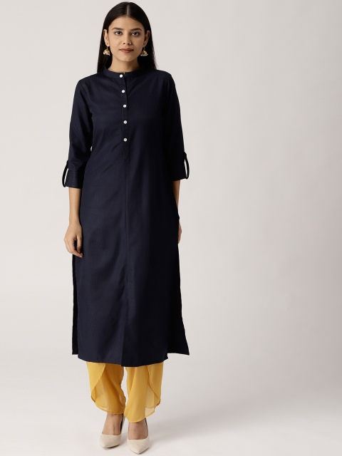 

Libas Women Navy Blue Self-Striped Straight Kurta