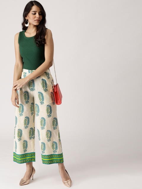 

Libas Women Cream-Coloured & Blue Printed Straight Palazzos