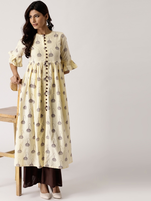 

Libas Women Cream-Coloured & Brown Printed A-Line Kurta